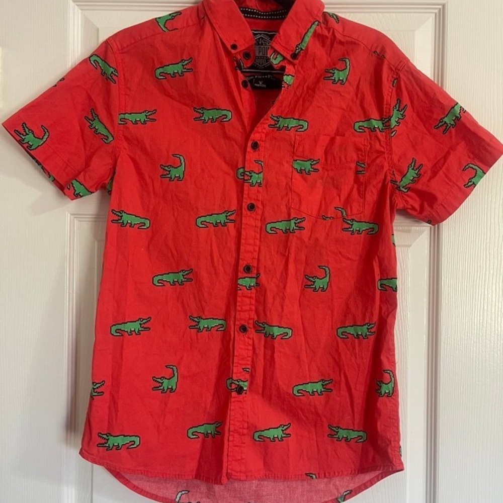 Gators Alligator Mens orange and green casual button up shirt with alligator sm